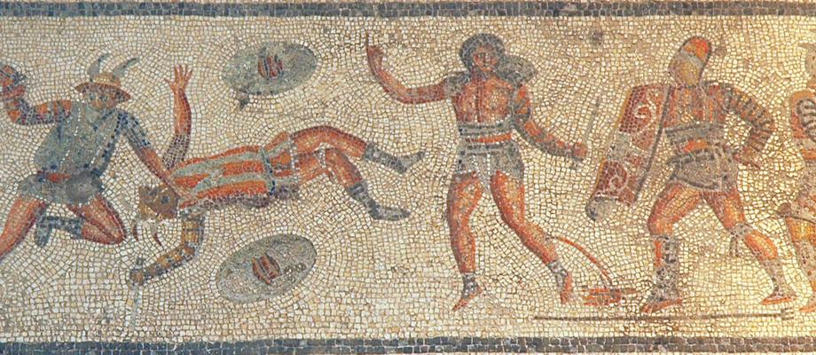 Villa of Dar Buc Ammera, gladiator mosaic, A wounded gladiator asks for release