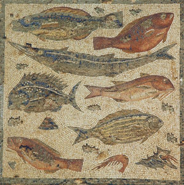 Villa of Dar Buc Ammera, seasons mosaic, fish (1)