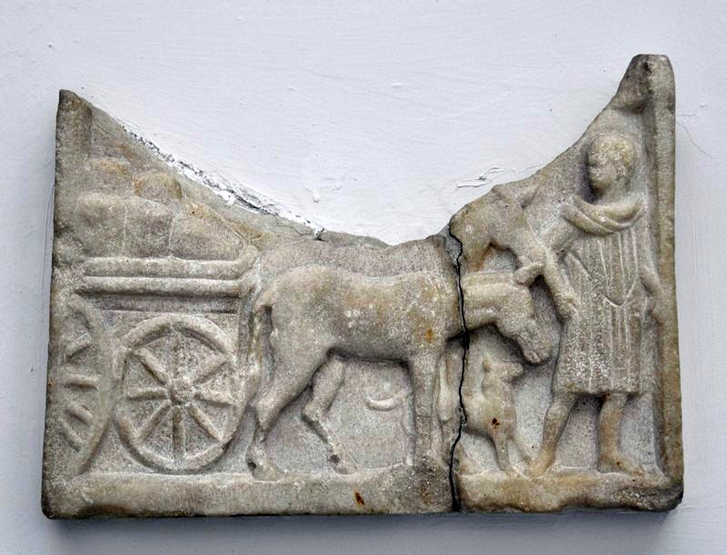 Chios, Roman relief of a donkey pulling a car
